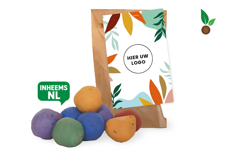 Kleurrijke Zaadbommen Kraft Zakje - Kleurrijk Kaartje