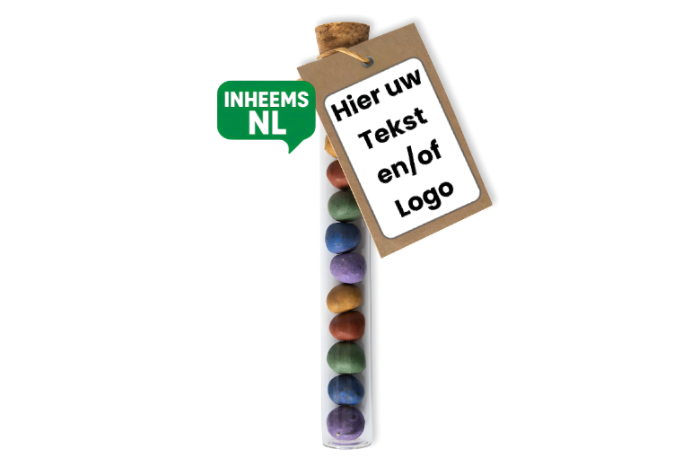 10 Kleurrijke Zaadbommetjes in Reageerbuisje – Eigen Ontwerp Logo / Tekst