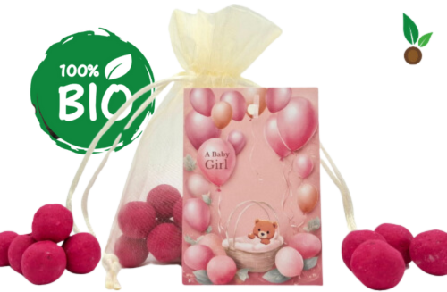 15 Babyrosa Seedbombs im Organzasäckchen – Geschenk zur Geburt mit Karte