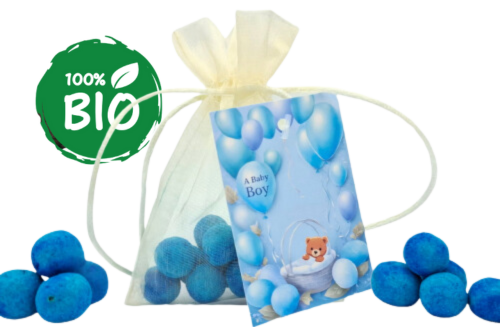 15 Babyblaue Seedbombs im Organzasäckchen – Geschenk zur Geburt mit Karte